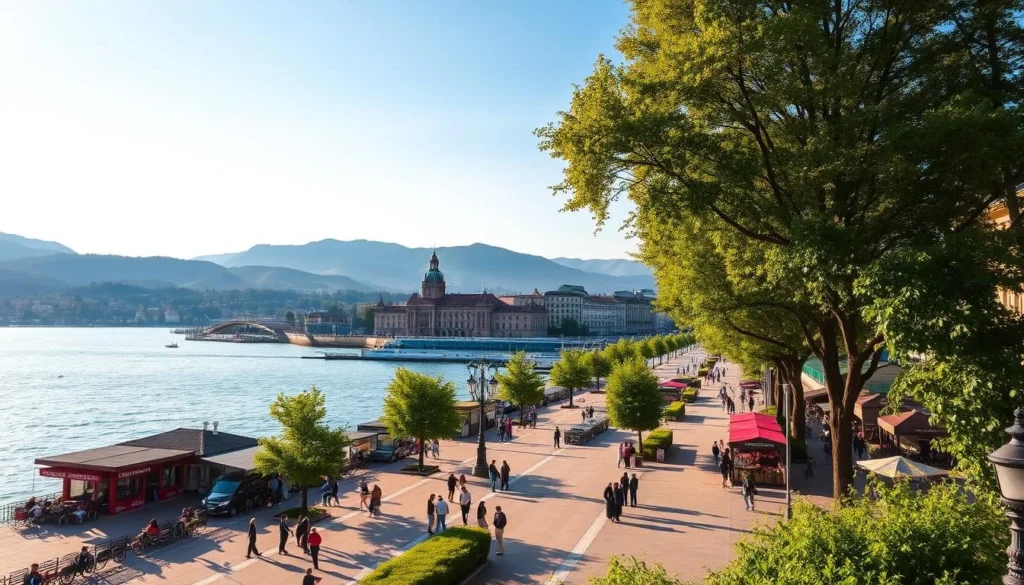 A vibrant river promenade along the banks of the Danube in Galați, Romania. In the foreground, a bustling boardwalk lined with charming cafes, boutiques, and street performers. Lush greenery and towering trees frame the scene, casting gentle shadows. The middle ground features historic buildings and landmarks, their classic architecture reflecting in the calm, shimmering waters. In the background, rolling hills and a clear blue sky create a picturesque, postcard-worthy vista. Warm, golden sunlight bathes the entire landscape, evoking a relaxed, inviting atmosphere. Capture the essence of Galați's riverfront charm and vibrant local culture.