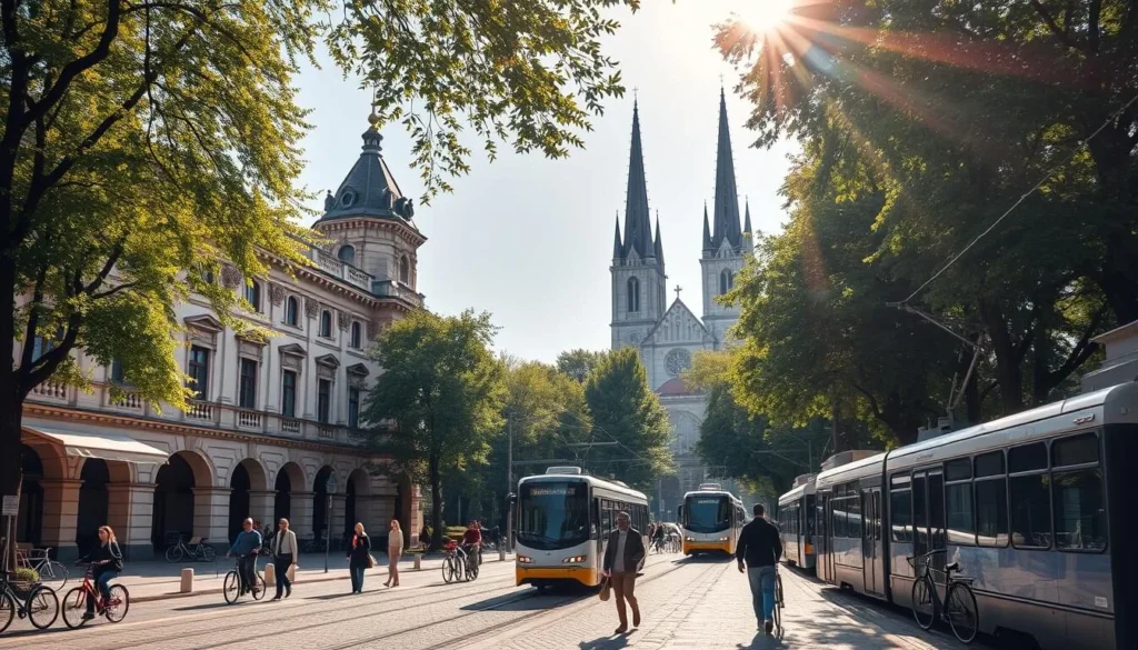 A vibrant scene in the heart of Târgu Mureș, Romania, showcasing the city's rich cultural heritage and linguistic diversity. Capture the historic Szekely Mikó Palace, its ornate neo-Renaissance architecture commanding attention, with the Hungarian Reformed Church's spires rising majestically in the background. Pedestrians stroll along the cobblestone streets, casually conversing in both Romanian and Hungarian, reflecting the city's unique bilingual character. Warm sunlight filters through the leaves of towering trees, casting a gentle glow over the serene urban landscape. Bicycles and trams add a touch of modern life, seamlessly blending with the timeless charm of this captivating Transylvanian city.
