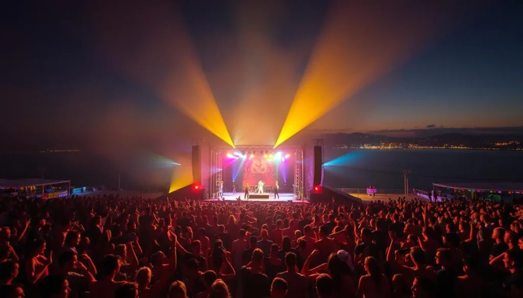 A vibrant scene of Constanta's summer festivals and vibrant nightlife. In the foreground, crowds of people dance and celebrate under the warm glow of colorful lights and stage displays. In the middle ground, a large outdoor stage showcases performers energizing the audience with lively music. In the background, the Black Sea coastline and skyline create a picturesque setting, with a soft, hazy atmosphere conveying the sultry summer energy. The composition captures the energy, excitement, and festive atmosphere of Constanta's renowned Neversea and Sunwaves music festivals.