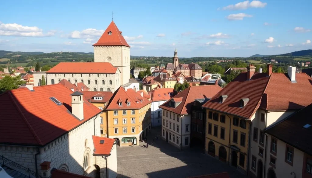 A vibrant scene of Eger, Hungary, on a sunny day. In the foreground, the iconic Eger Castle stands tall, its red-tiled roofs and stone walls casting shadows on the cobbled streets below. Middle ground features the charming historic buildings of the city center, their warm-hued facades adorned with ornate details. In the background, rolling hills and lush greenery create a picturesque landscape. The atmosphere is one of tranquility and timeless elegance, inviting visitors to explore the rich cultural heritage of this captivating Hungarian town.