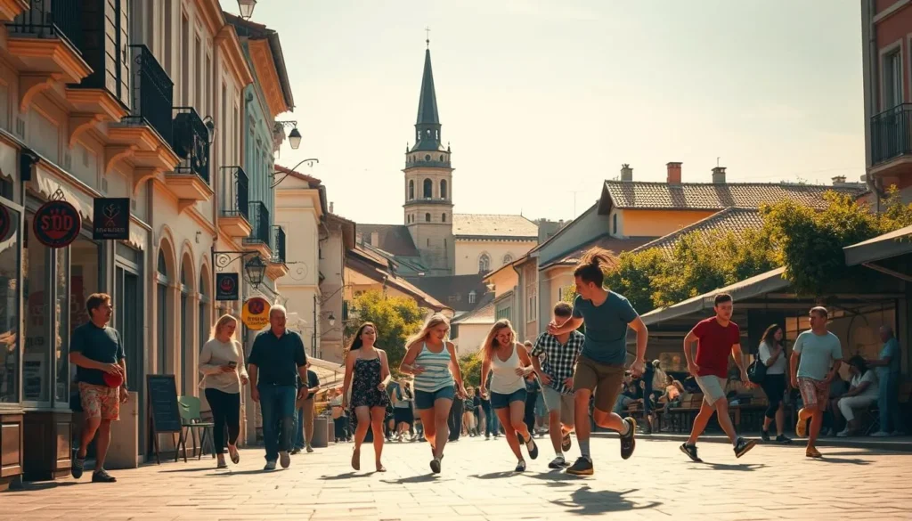 A vibrant scene of activities in Satu Mare, Romania on a pleasant sunny day. In the foreground, people stroll along a bustling pedestrian street lined with quaint shops and cafes. In the middle ground, a group of friends enjoy a game of street soccer, their laughter and energy palpable. In the background, a historic church tower and charming rooftops create a picturesque urban landscape. Warm, golden lighting illuminates the scene, enhancing the cozy, welcoming atmosphere. Crisp, high-resolution details capture the essence of Satu Mare's vibrant culture and the joyful spirit of its residents.