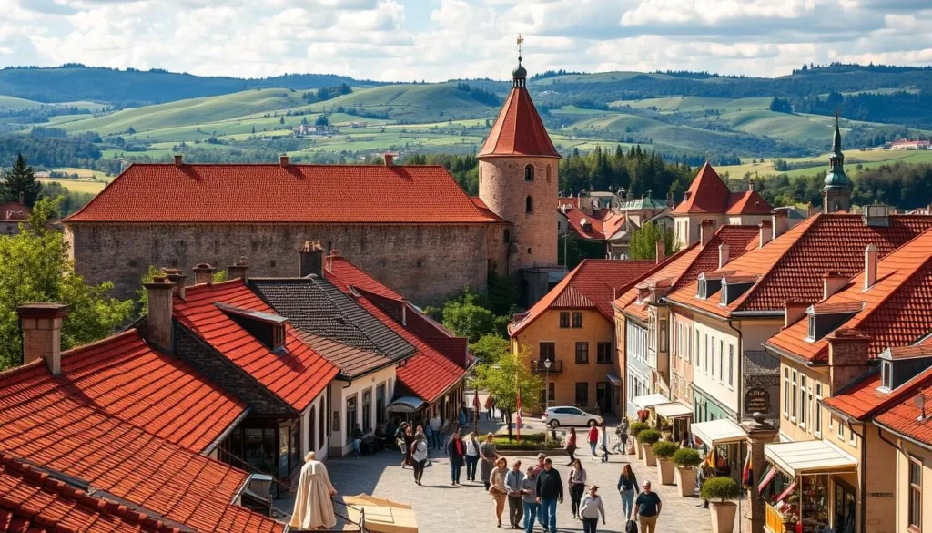 A vibrant scene showcasing the top attractions of Suceava, Romania on a sun-drenched day. In the foreground, the iconic Suceava Fortress stands tall, its red-tiled roofs and stone walls reflecting the warm light. In the middle ground, people stroll through the charming old town, admiring the colorful facades of historic buildings and browsing local shops. In the background, the rolling hills of the Bukovina region provide a picturesque natural backdrop. The composition is balanced, with a sense of depth and scale that captures the essence of Suceava's captivating blend of history, culture, and natural beauty.