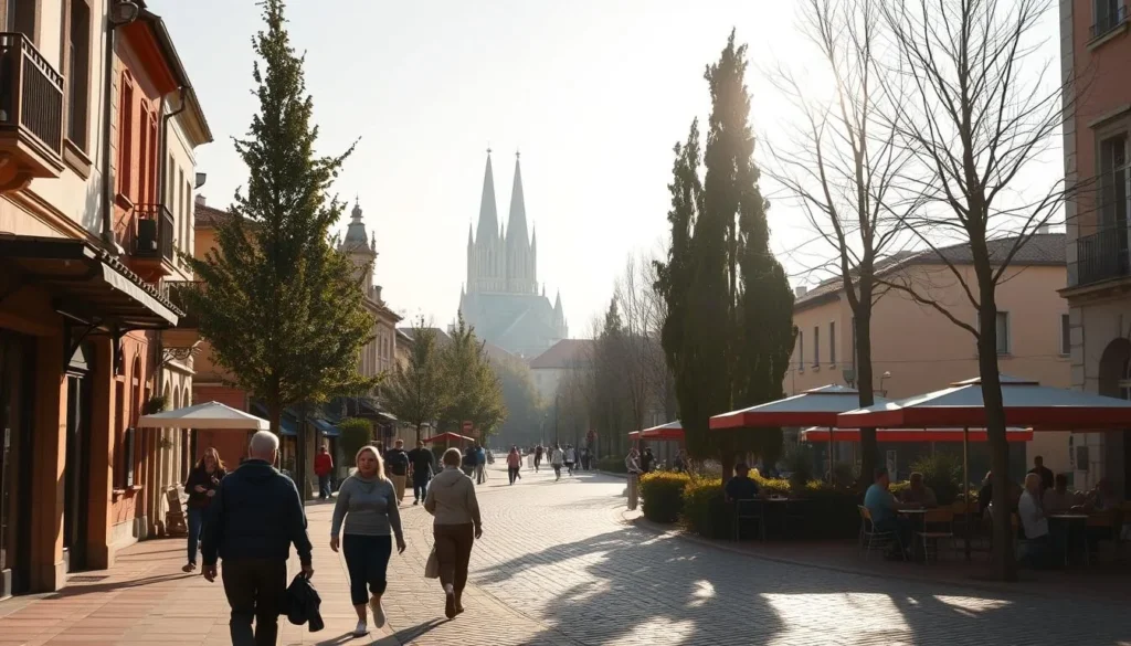 A vibrant street scene in the heart of Arad, Romania, on a sunny day. A pedestrian walkway winds through a charming old-world setting, flanked by quaint buildings and towering trees. In the foreground, a group of people stroll leisurely, their silhouettes captured mid-stride against the warm, golden light. The middle ground features a lively outdoor cafe, with tables and umbrellas casting soft shadows on the cobblestone pavement. In the background, the skyline is punctuated by the graceful spires of a historic cathedral, bathed in a hazy, atmospheric glow. Capture the inviting ambiance and the timeless beauty of Arad, Romania, that beckons visitors to explore its streets and soak in its vibrant, walkable charm.