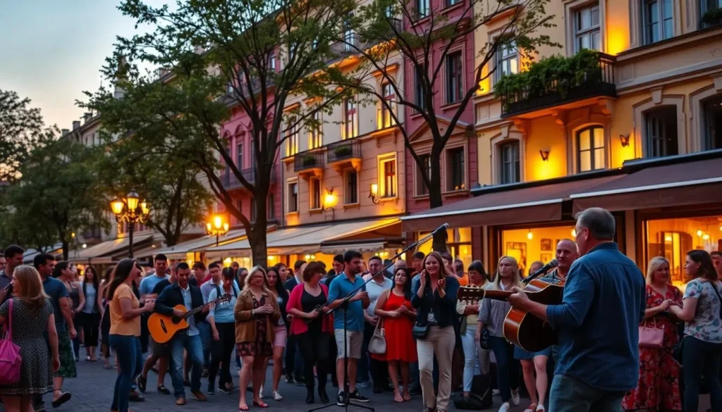 A vibrant street scene in the heart of Kaposvár, Hungary, as the sun sets and the city comes alive with music. In the foreground, a lively outdoor performance features a talented solo musician playing an acoustic guitar, their fingers skillfully dancing across the strings. The middle ground showcases a diverse crowd of locals and tourists, swaying and tapping their feet to the captivating melodies. In the background, the facades of historic buildings and cozy cafes are illuminated by warm, golden lighting, creating a cozy and inviting atmosphere. The overall scene exudes a sense of energy, community, and the infectious joy of live music.