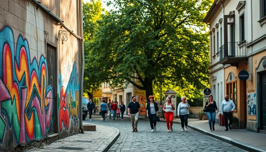A vibrant street scene in the historic city of Satu Mare, Romania. The foreground features a colorful mural adorning the side of a weathered building, showcasing the city's rich artistic heritage. In the middle ground, pedestrians stroll along the charming cobblestone street, admiring the mix of traditional architecture and contemporary street art. The background is filled with lush greenery, casting a warm, natural glow over the entire scene. The lighting is soft and diffused, creating a sense of tranquility and inviting the viewer to explore this cultural gem. Capture the essence of Satu Mare's thriving arts scene through this vibrant, well-composed image.