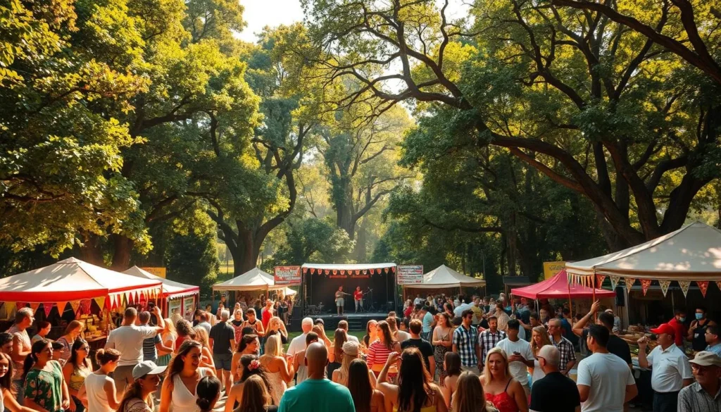A vibrant, sun-drenched music festival in a lush, tree-lined park. In the foreground, a colorful crowd of revelers sway and dance to the captivating beats of a live band on a large, well-lit stage. The middle ground features an array of food and craft vendors, their stalls adorned with festive banners and garlands. In the background, the soft, dappled shadows of the towering trees create a cozy, intimate atmosphere, complementing the upbeat energy of the event. The lighting is warm and natural, capturing the joy and camaraderie of the festival-goers. The overall scene exudes a vibrant, celebratory mood, inviting the viewer to immerse themselves in the lively music and vibrant atmosphere.