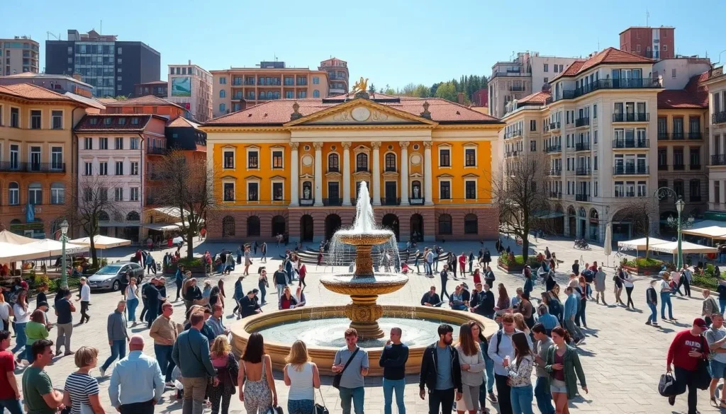A vibrant town square in Blagoevgrad, Bulgaria, on a sunny day. In the foreground, locals and students gather around a central fountain, chatting and enjoying the lively atmosphere. The middle ground features an elegant, neo-Renaissance-style building, likely a cultural center or university, its ornate facade bathed in warm, golden light. In the background, a mix of historic and modern architecture frames the scene, suggesting a harmonious blend of old and new. The overall mood is one of cultural richness, intellectual vibrancy, and community spirit.