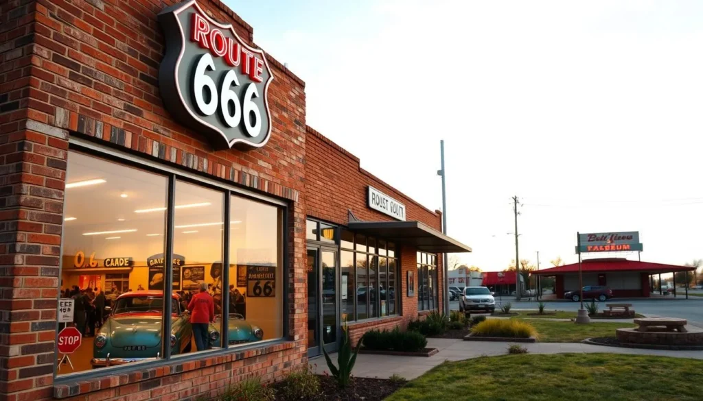 A vintage Route 66 museum nestled along the historic highway, its weathered brick facade and neon sign inviting visitors to explore the bygone era. Through large windows, a curated collection of classic cars, Americana memorabilia, and nostalgic roadside attractions come into view, bathed in warm afternoon light. The museum's grounds feature a well-maintained garden and a picnic area, setting the stage for a leisurely day celebrating the enduring spirit of America's Main Street. A cloudless sky and a gentle breeze contribute to the tranquil, timeless atmosphere, capturing the essence of the Route 66 experience.