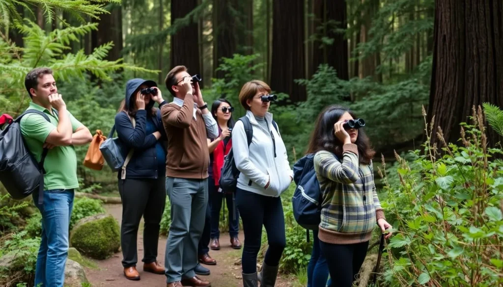A visitor respectfully observing nature in Mailliard Redwoods State Natural Reserve without disturbing the environment
