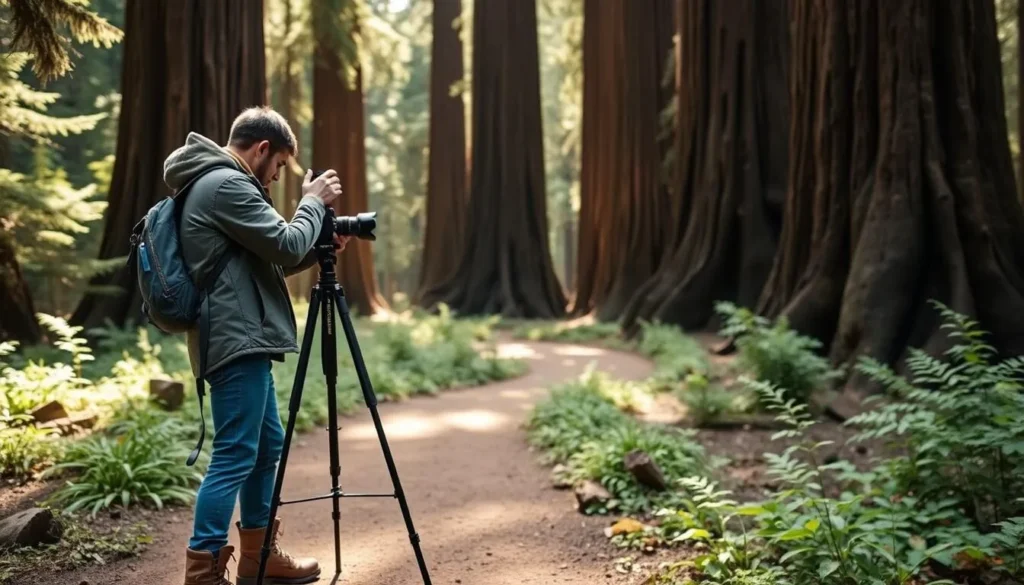 A visitor taking photographs in Mailliard Redwoods State Natural Reserve with proper equipment