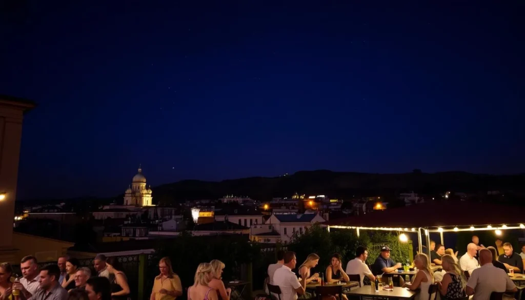 A warm summer night in Sofia, Bulgaria. The sky is a deep indigo, dotted with twinkling stars. In the foreground, a lively outdoor cafe is bustling with locals and tourists, sipping drinks and enjoying the balmy evening. The middle ground features a mix of traditional and modern architecture, including the iconic domes of the Alexander Nevsky Cathedral. In the background, the rolling hills of the Vitosha mountain range provide a stunning natural backdrop, bathed in a soft, golden glow from the setting sun. The atmosphere is one of relaxation and conviviality, perfectly capturing the spirit of Sofia's summer nights.