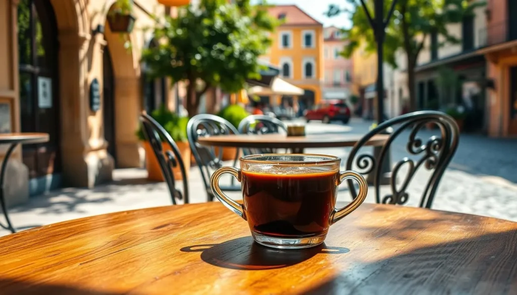 A warm, sun-dappled cafe scene in the heart of Bacau, Romania. A wooden table stands in the foreground, topped with a freshly brewed cup of rich, aromatic coffee. The aroma wafts through the air, mingling with the gentle chatter of patrons. In the middle ground, ornate wrought-iron chairs surround the table, inviting passersby to pause and indulge. The background reveals a charming street scene, with colorful buildings, cobblestones, and lush greenery creating a picturesque, quintessentially European atmosphere. Soft, natural lighting casts a cozy, intimate glow over the entire scene, perfectly capturing the essence of a relaxing day in Bacau.