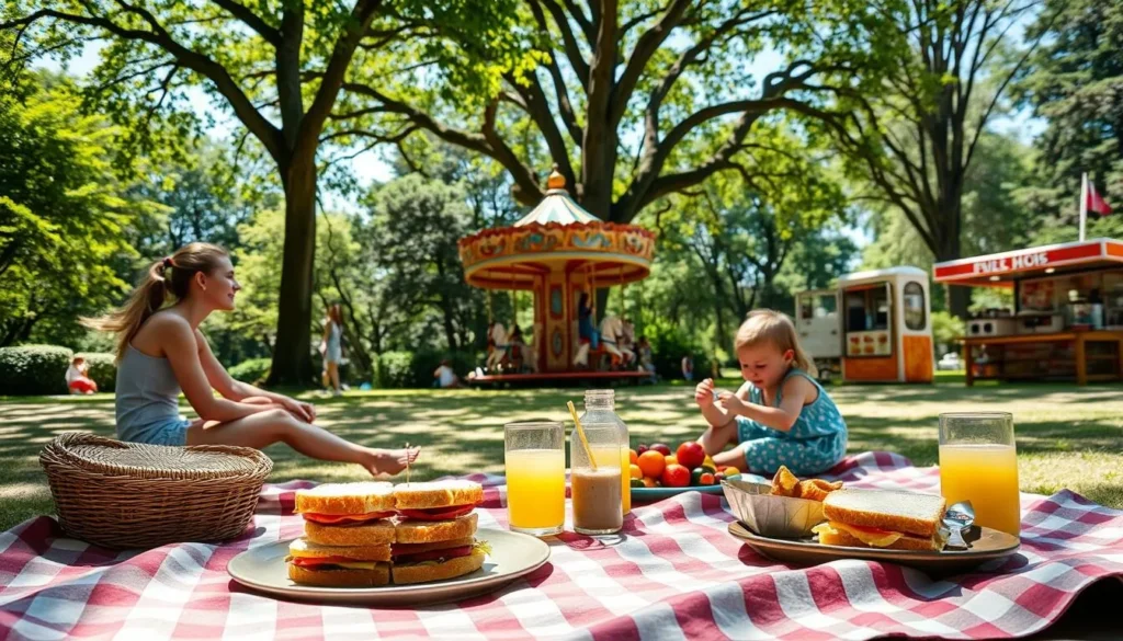 A warm, sunny day in a cozy family-friendly park. In the foreground, a picnic blanket is spread out with a simple but delicious meal - sandwiches, fruit, and lemonade. Children play on a nearby swing set, their laughter filling the air. In the middle ground, a small carousel gently turns, its colorful horses inviting guests to take a spin. The background features lush greenery, towering trees providing ample shade, and a few small, affordable food stalls selling local treats. The atmosphere is relaxed and inviting, encouraging families to enjoy quality time together without breaking the bank.