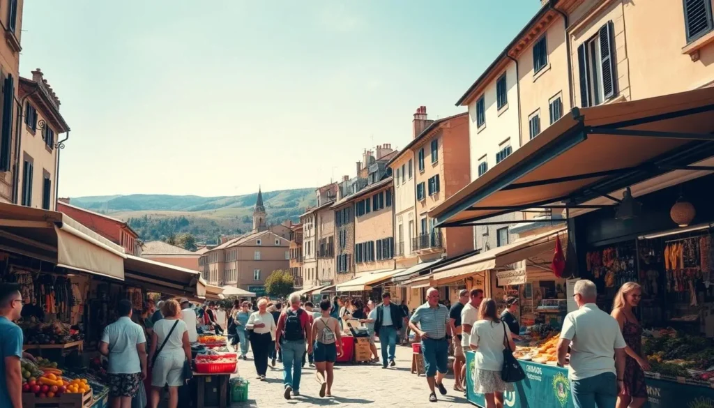 A warm, sunny day in a picturesque European city, with a bustling marketplace in the foreground. Vibrant stalls offer an array of local produce, handicrafts, and street food, while people of all ages stroll leisurely, examining the wares and chatting with vendors. In the middle ground, historic buildings with charming architecture line the streets, their facades bathed in soft, golden light. The background features rolling hills and a clear, azure sky, creating a serene and inviting atmosphere. The overall scene conveys a sense of affordable, authentic travel experiences, highlighting the budget-friendly nature of the destination.