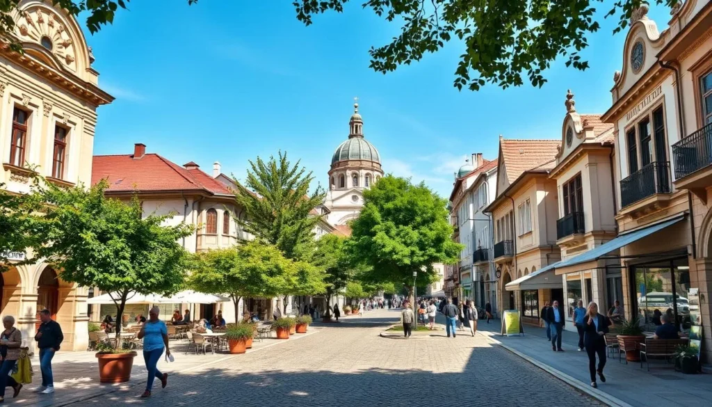 A warm, sunny day in the historic center of Nagykanizsa, Hungary. Cobblestone streets lined with charming Baroque and Renaissance-style buildings, their facades adorned with intricate architectural details. Lush, verdant trees and potted plants dot the quaint squares, casting dappled shadows on the pedestrians below. In the distance, the spire of a grand cathedral rises, its golden dome glinting in the soft, golden light. Locals and visitors alike stroll leisurely, pausing to window-shop or sip coffee at cozy cafes. An atmosphere of tranquility and timeless elegance pervades the vibrant, yet peaceful town center.
