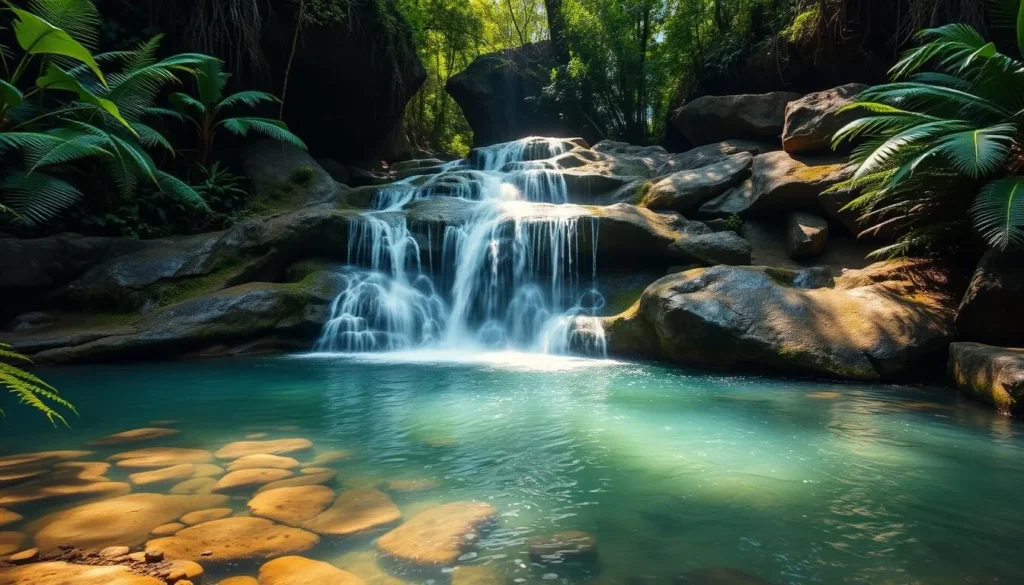 A waterfall in Blitar surrounded by lush tropical vegetation, showing the natural beauty of the region