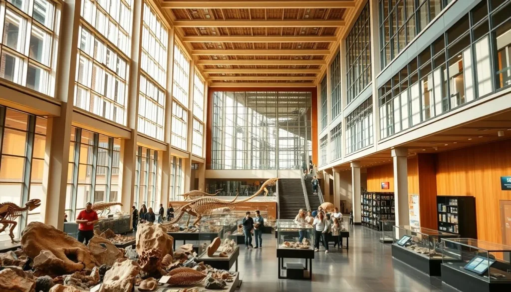 A well-lit, airy interior of a natural sciences museum, showcasing a diverse array of exhibits. Towering glass windows flood the space with warm, natural light, casting a serene ambiance. In the foreground, a large, meticulously curated display of fossils, minerals, and prehistoric artifacts captivates visitors. Towards the middle, interactive displays and informative exhibits encourage exploration and learning. In the background, a grand staircase leads to upper levels, where additional galleries and collections await discovery. The overall atmosphere radiates a sense of wonder and intellectual curiosity, inviting visitors to embark on an enlightening journey through the marvels of the natural world.