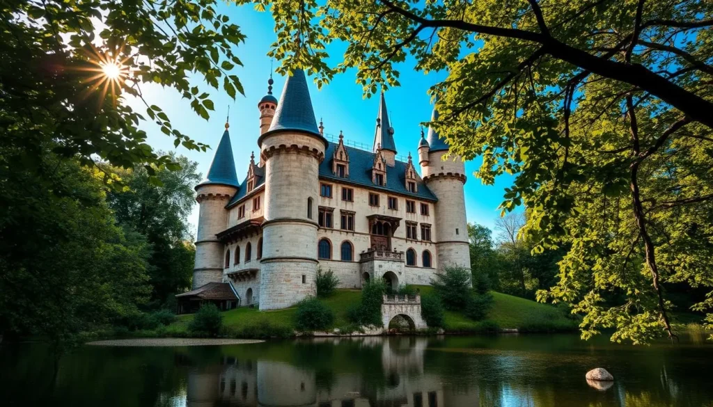 A whimsical medieval castle nestled amidst lush green foliage, with ornate turrets and towers reaching towards the azure sky. Warm sunlight filters through the branches, casting a gentle glow over the castle's weathered stone walls. In the foreground, a tranquil pond reflects the castle's intricate facade, creating a serene and picturesque scene. The castle's unique, artist-built design featuring intricate carvings and asymmetrical elements stands as a testament to the visionary spirit of its creator. Capture the inviting and enchanting atmosphere of Bory Castle, a one-of-a-kind architectural marvel in the heart of Hungary.