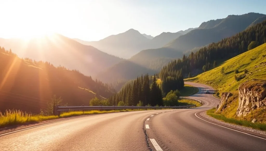 A winding mountain road cutting through a lush, verdant landscape, with towering peaks and forests in the background. Sunlight filters through the canopy, casting a warm, golden glow over the scene. The road snakes through rolling hills, offering breathtaking vistas at every turn. In the foreground, the pavement is smooth and inviting, beckoning the viewer to embark on an unforgettable scenic drive. The atmosphere is serene and tranquil, capturing the essence of a picturesque alpine setting.