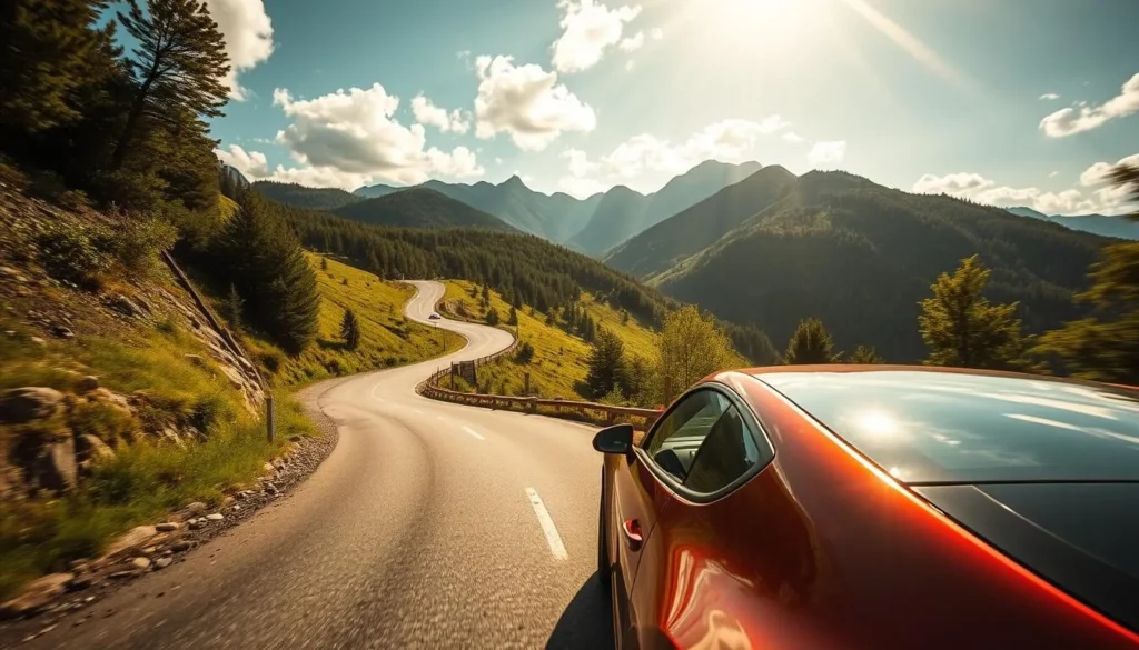 A winding mountain road cutting through lush, forested hills under a bright, sun-dappled sky. A sleek, modern car navigates the curves, its polished exterior gleaming in the warm light. In the distance, glimpses of rugged peaks rise up, creating a picturesque backdrop. The scene conveys a sense of adventure and freedom, perfectly suited for a journey through Defileul Jiului National Park in Romania.