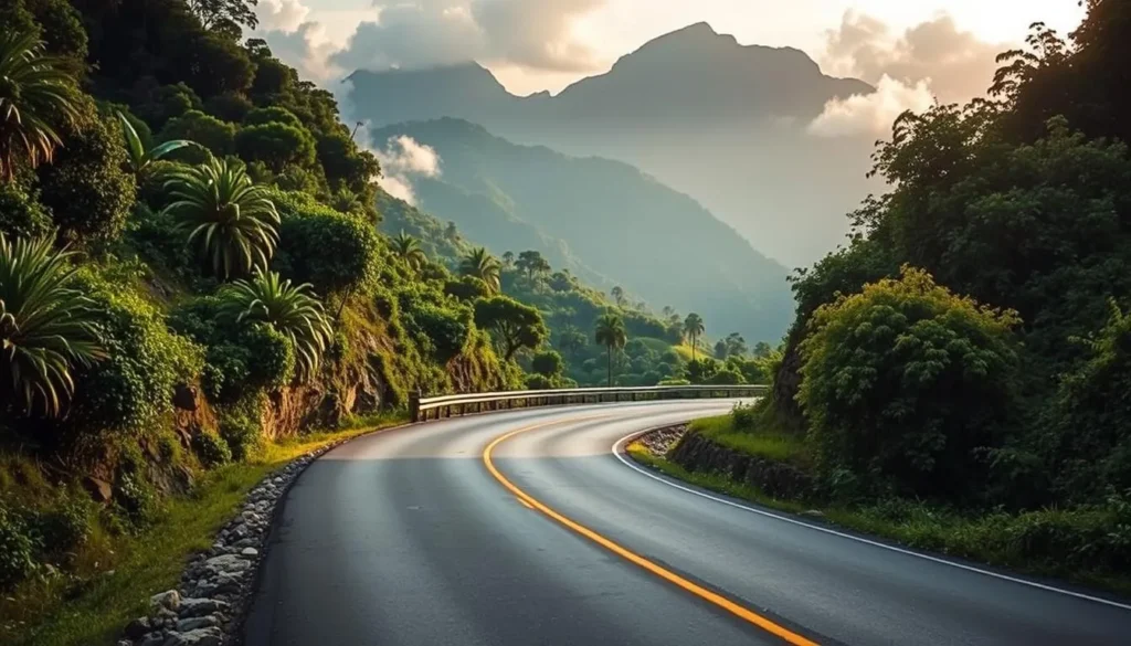 A winding mountain road leading to Kelimutu National Park in Flores, Indonesia with lush green forests and mountains in the background