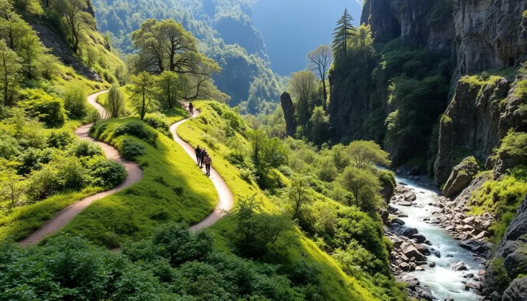 A winding mountain trail winds through a lush, verdant forest, dappled with soft sunlight filtering through the canopy. The path meanders along the edge of a sparkling stream, its gentle currents reflecting the surrounding limestone cliffs and peaks. Hikers traverse the trail, their silhouettes providing a sense of scale and exploration. The scene exudes a sense of tranquility and adventure, inviting the viewer to imagine embarking on an epic journey through the heart of the Buila-Vanturarita National Park.