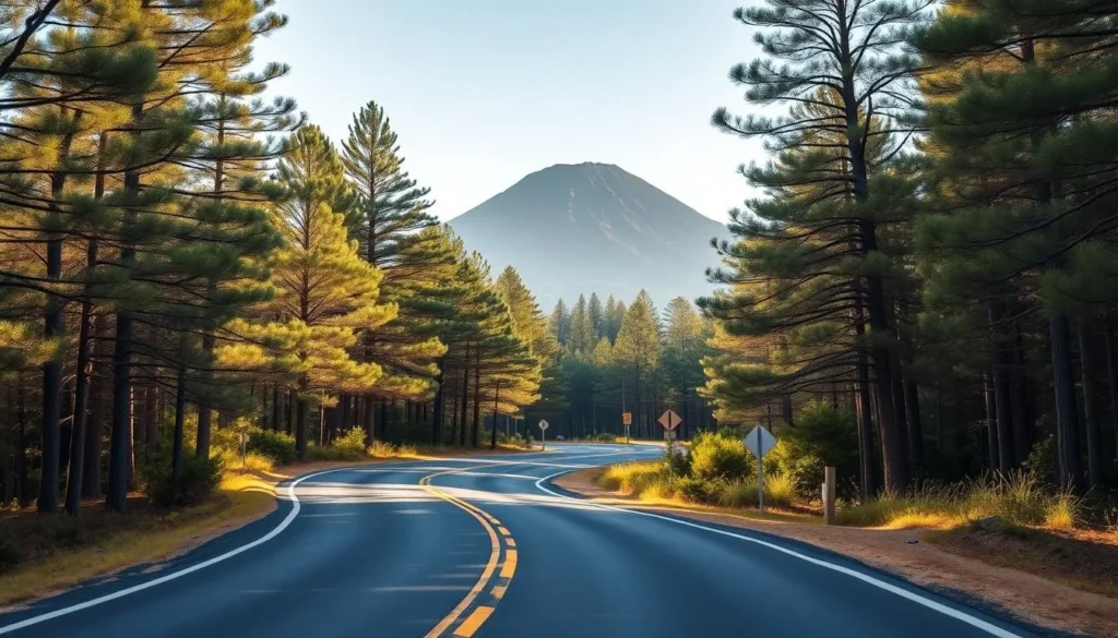 A winding road leading through pine forests toward La Malinche National Park entrance with mountain views A winding road leading through pine forests toward La Malinche National Park entrance with mountain views
