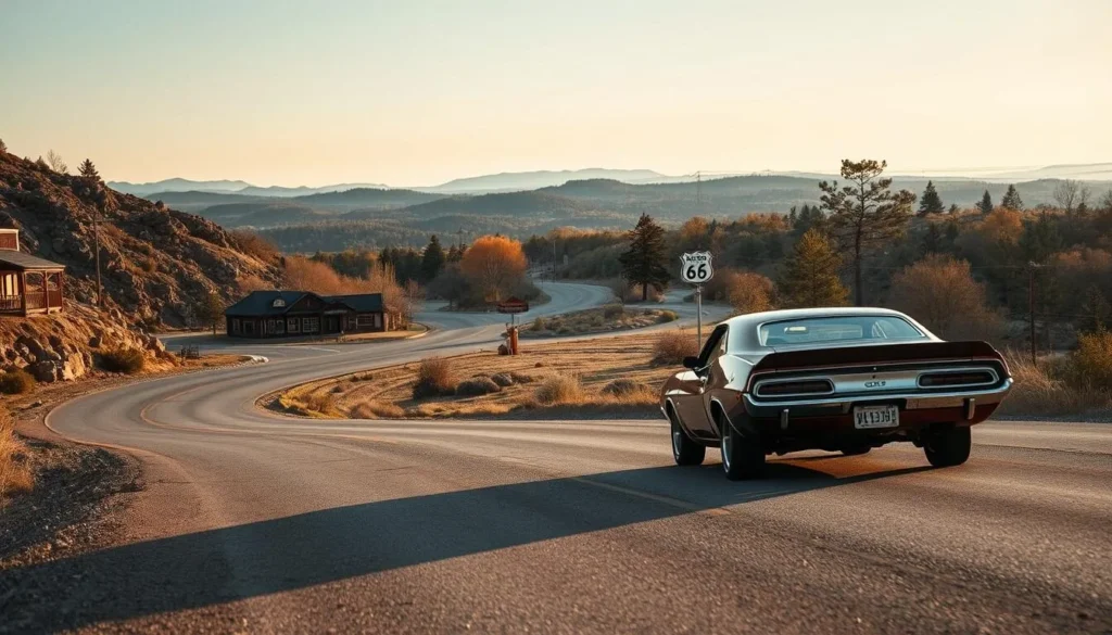 A winding road snakes through the rugged hills and lush forests of Missouri's Route 66, offering breathtaking vistas at every turn. In the foreground, a classic American muscle car cruises along the asphalt, its chrome gleaming in the warm afternoon sun. The middle ground reveals quaint small-town landmarks - a diner, a motel, a vintage gas station - frozen in time, inviting travelers to stop and explore. In the distance, the horizon is dotted with rolling hills and towering trees, creating a serene and picturesque backdrop for this iconic American road trip. The scene is bathed in a soft, golden light, conveying a sense of nostalgia and adventure, perfectly capturing the spirit of driving along the historic Route 66.