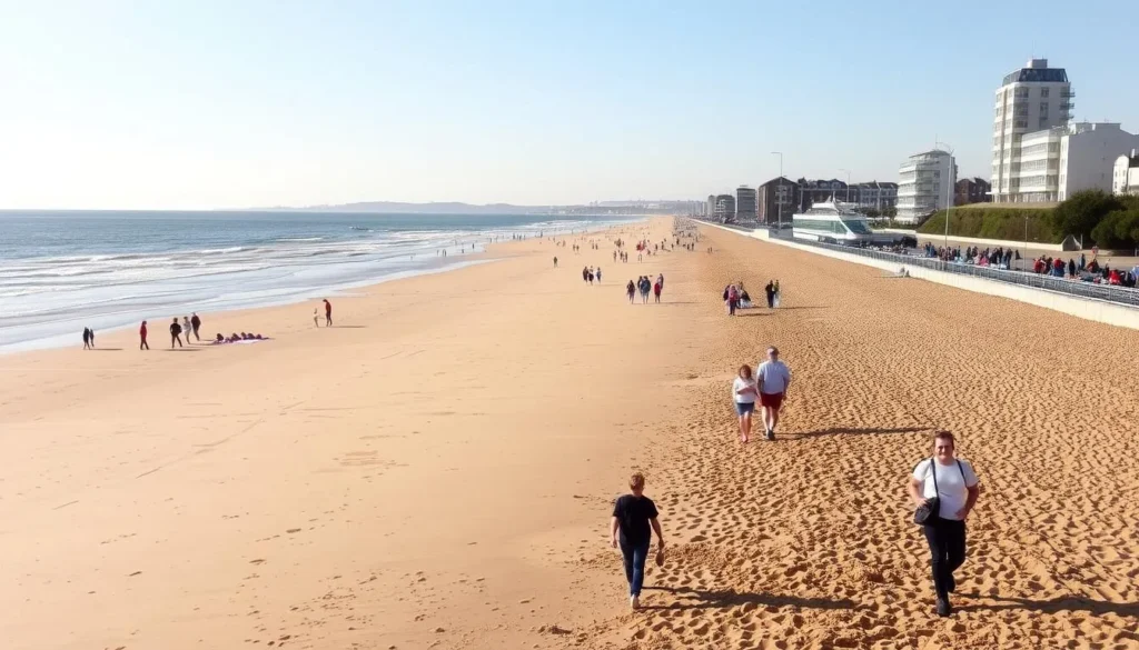Aberdeen Beach on a sunny day with people walking along the shoreline