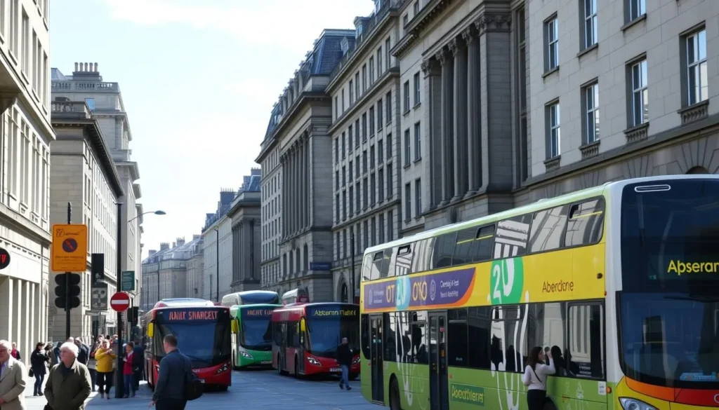 Aberdeen city center street with public transport and pedestrians walking along Union Street