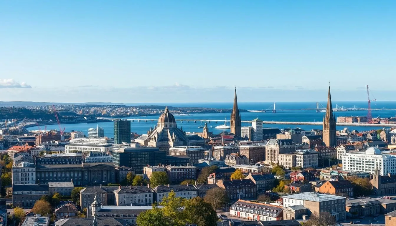 Aberdeen skyline showing the granite buildings glittering in sunlight with the harbor visible in the distance