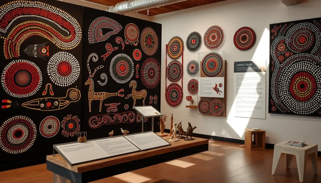 Aboriginal art display showing traditional Larrakia designs and patterns Aboriginal art display showing traditional Larrakia designs and patterns
