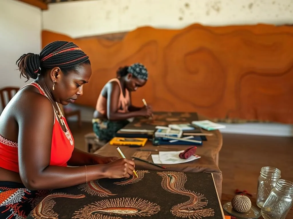 Aboriginal artists creating traditional bark paintings at Buku-Larrŋgay Mulka Art Centre in Nhulunbuy, Northern Territory