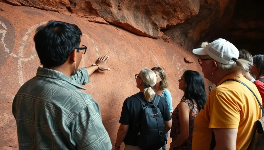 Aboriginal guide explaining rock art to visitors in Arnhem Land