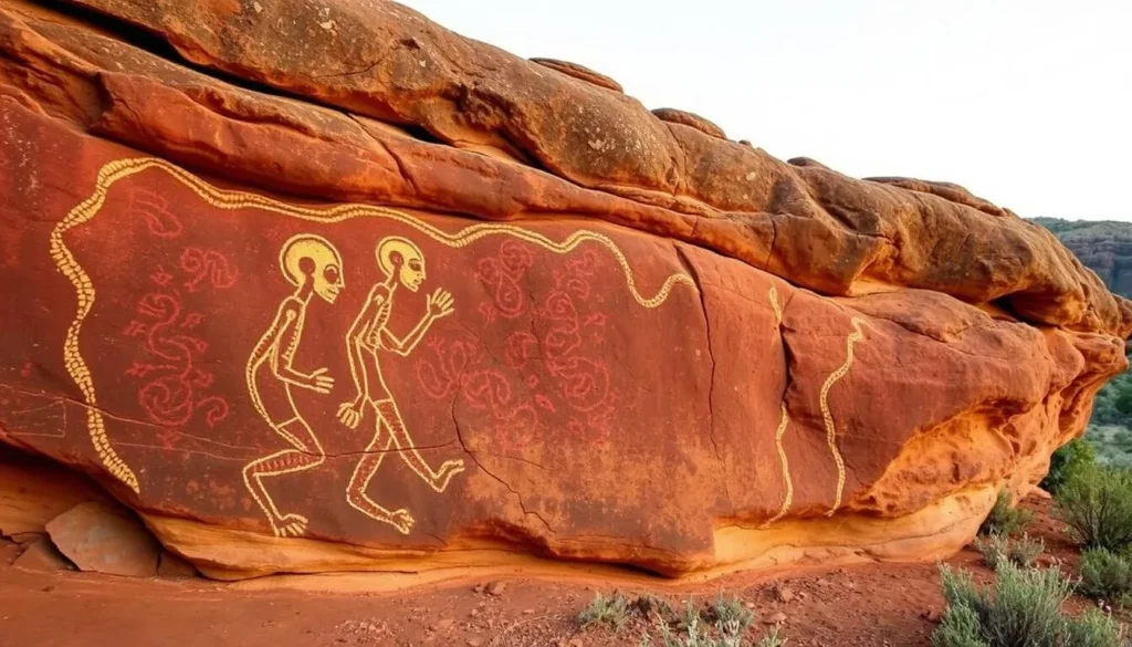 Aboriginal rock art at Arkaroo Rock in Flinders Ranges National Park showing traditional ochre paintings