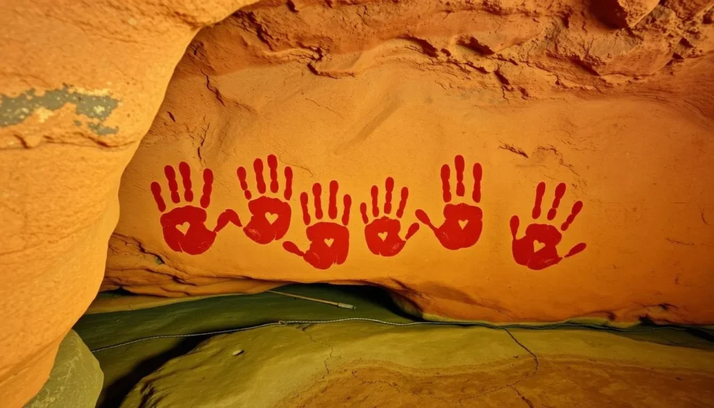 Aboriginal rock art at Red Hands Cave in Blue Mountains National Park showing ancient handprints Aboriginal rock art at Red Hands Cave in Blue Mountains National Park showing ancient handprints