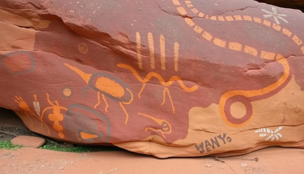 Aboriginal rock art at Wild Dog Dreaming cultural site in Lawn Hill Gorge