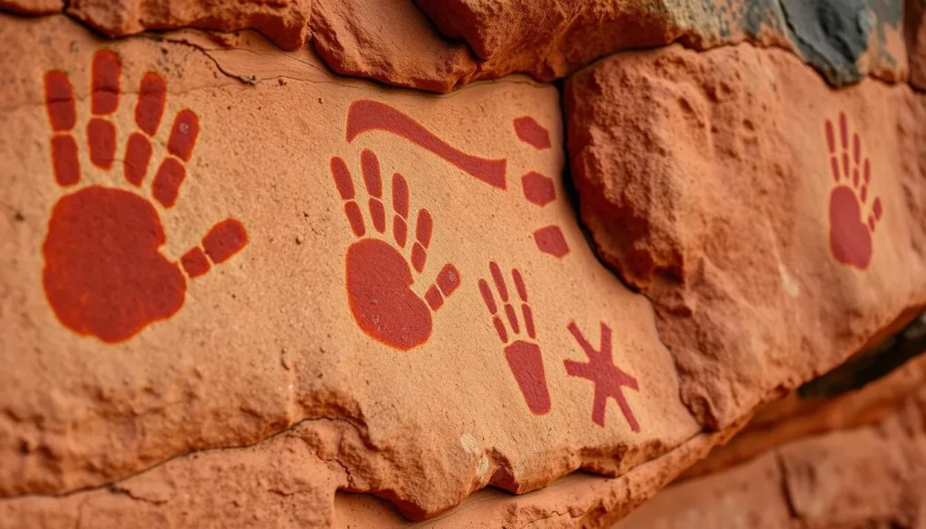 Aboriginal rock art at the Art Gallery site in Carnarvon Gorge showing stencils and paintings