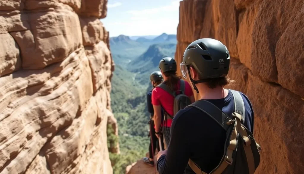 Abseiling adventure on Blue Mountains cliff face with instructor and participants Abseiling adventure on Blue Mountains cliff face with instructor and participants
