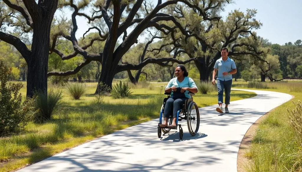 Accessible trail at Lake Griffin State Park with wheelchair user enjoying nature