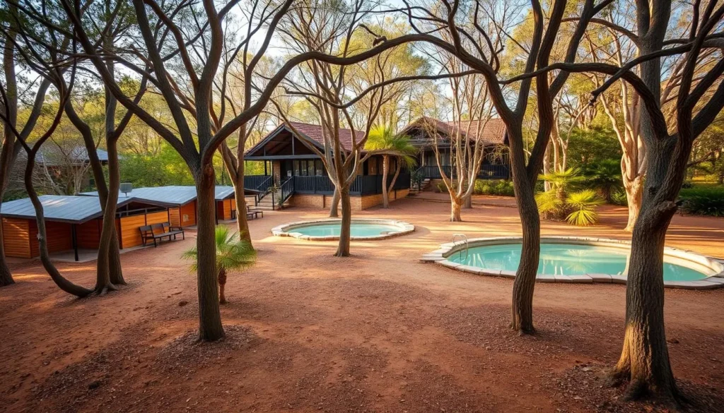 Accommodation options in Mataranka with cabins nestled among trees near thermal pools