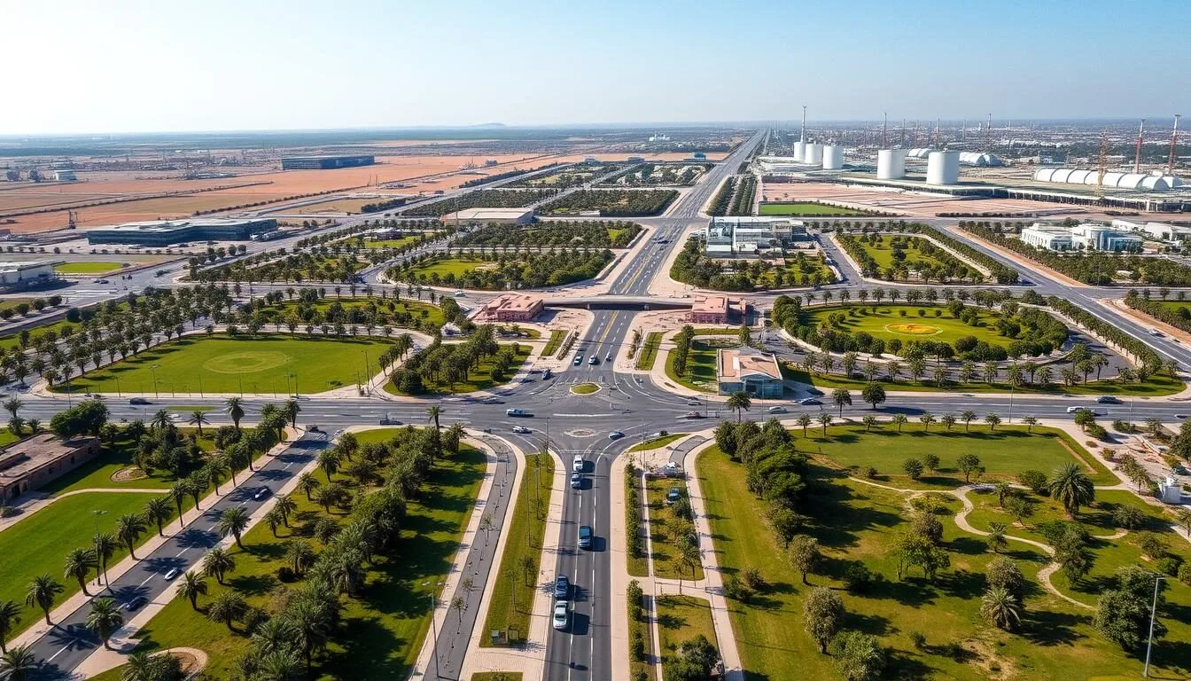Aerial view of Ahmadi, Kuwait showing the planned city layout with green spaces and oil infrastructure in the background