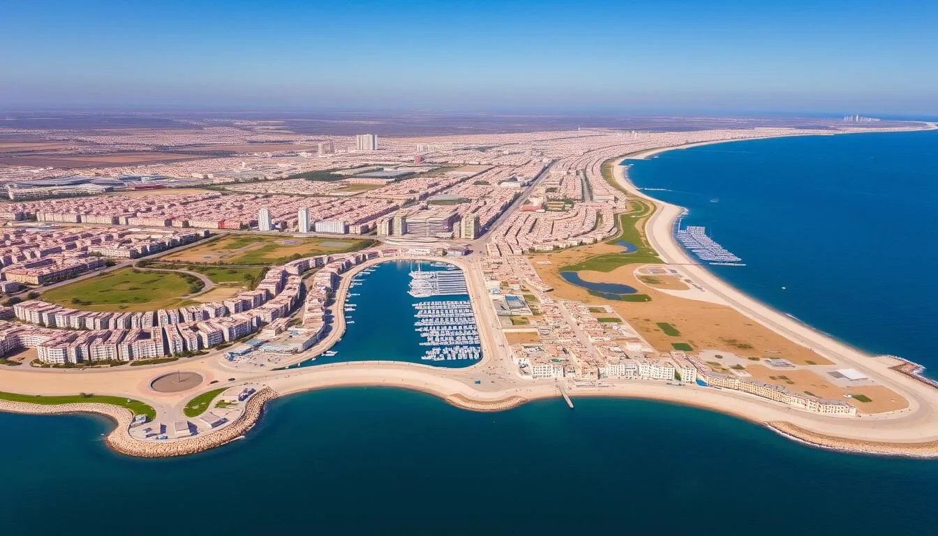 Aerial view of Ain Harrouda, Morocco showing its location between Casablanca and Mohammedia