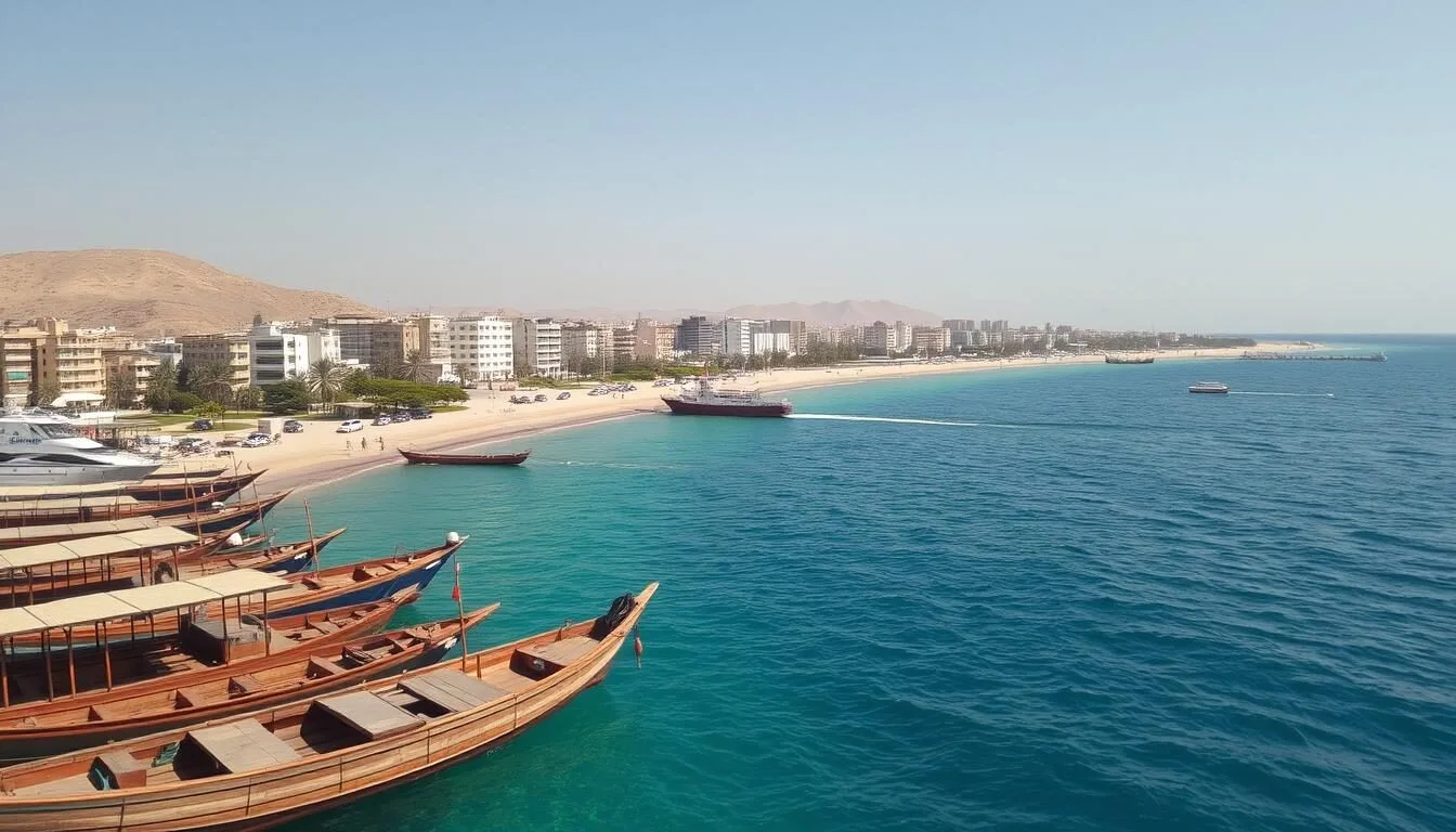 Aerial view of Al Hudaydah's coastline along the Red Sea with traditional boats in the foreground