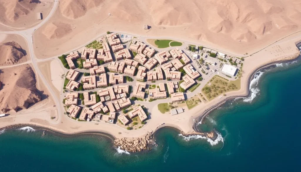 Aerial view of Al-Khaburah showing the town layout with traditional buildings and the coastline of Oman Aerial view of Al-Khaburah showing the town layout with traditional buildings and the coastline of Oman