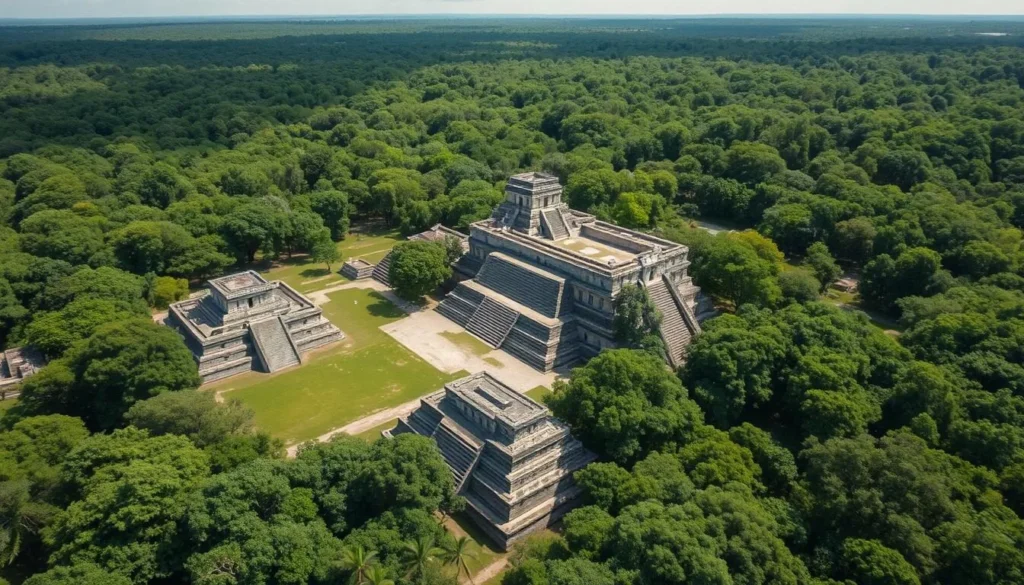 Aerial view of Altun Ha Mayan ruins near Belize City with stone temples surrounded by lush jungle Aerial view of Altun Ha Mayan ruins near Belize City with stone temples surrounded by lush jungle