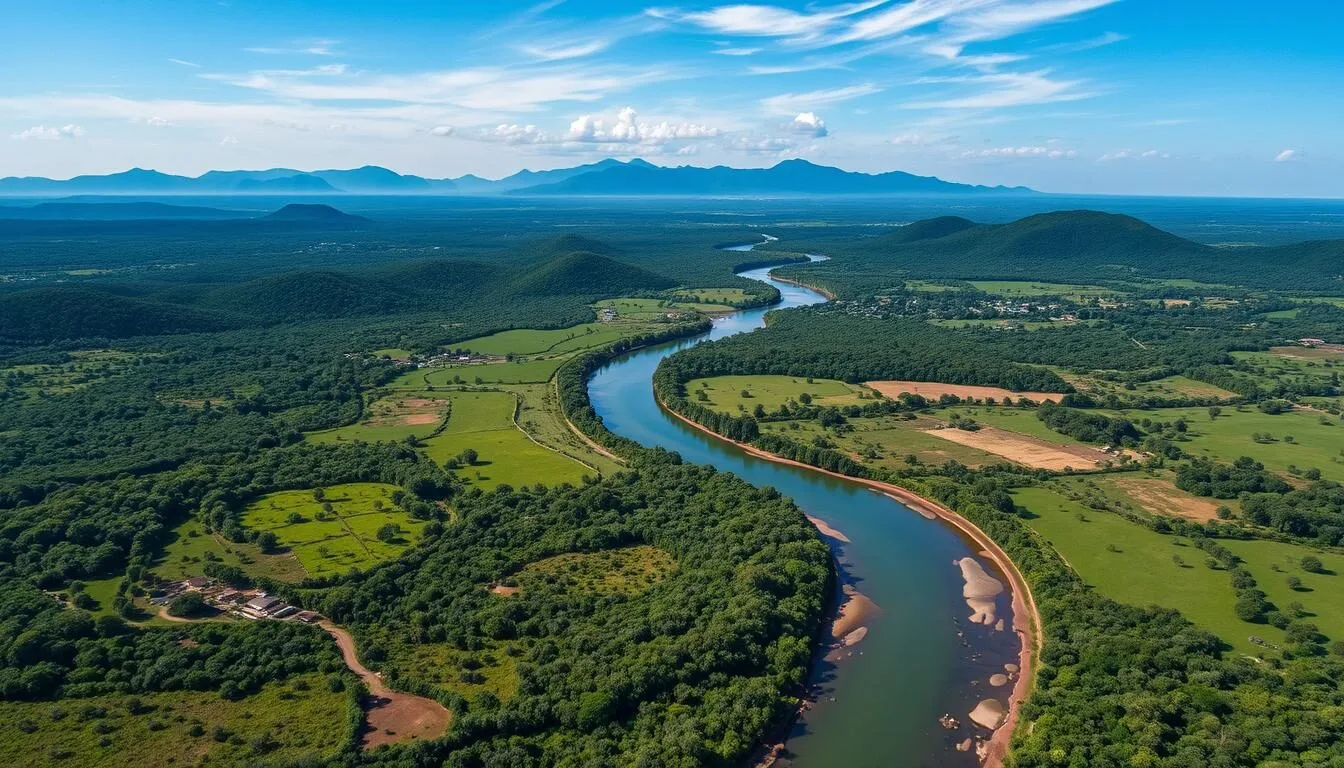 Aerial-view-of-Ambanja-Madagascar-showing-the-Sambirano-River-winding-through-lush-green Aerial view of Ambanja, Madagascar showing the Sambirano River winding through lush green landscape