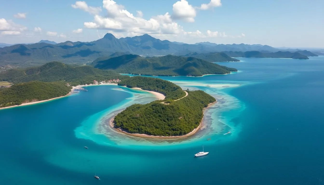Aerial view of Ambon Bay with mountains in the background and boats in the crystal clear water