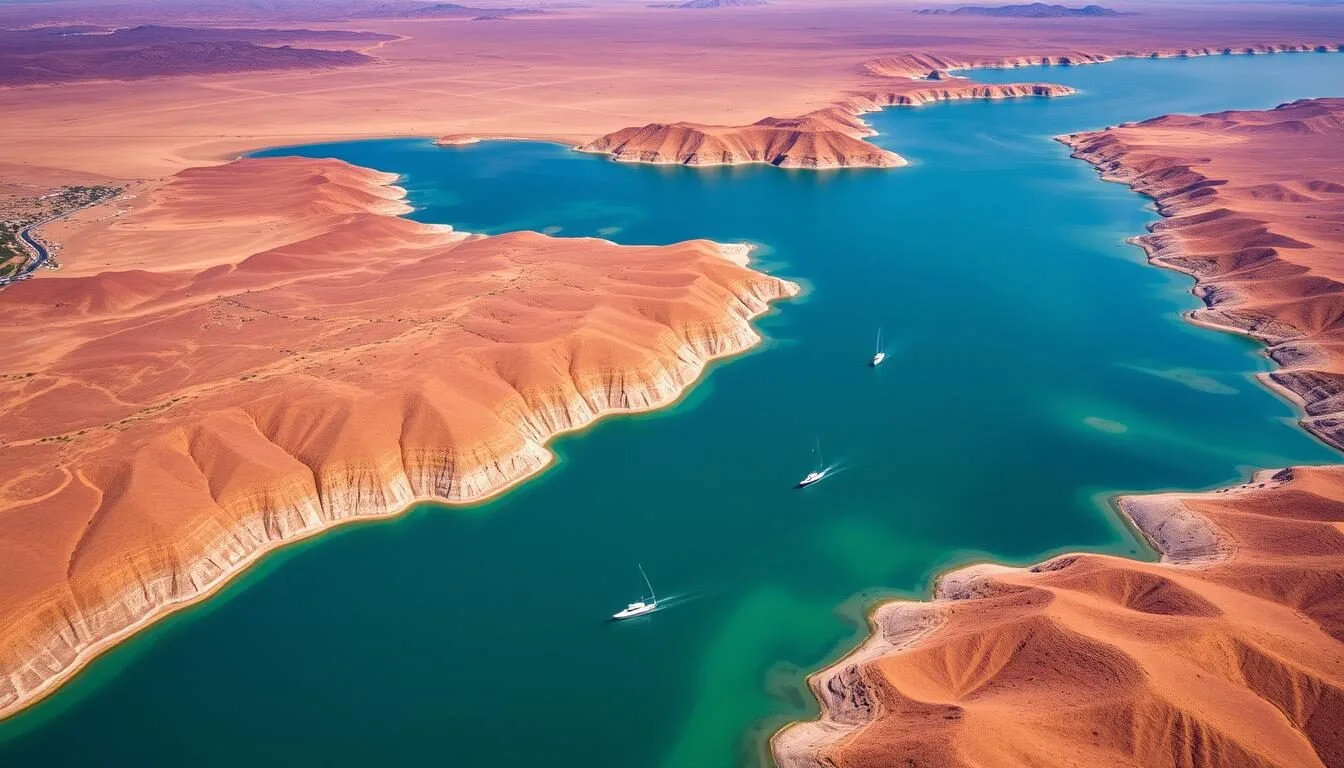 Aerial view of Amistad Reservoir with blue waters surrounded by desert landscape in Amistad National Recreation Area, Texas