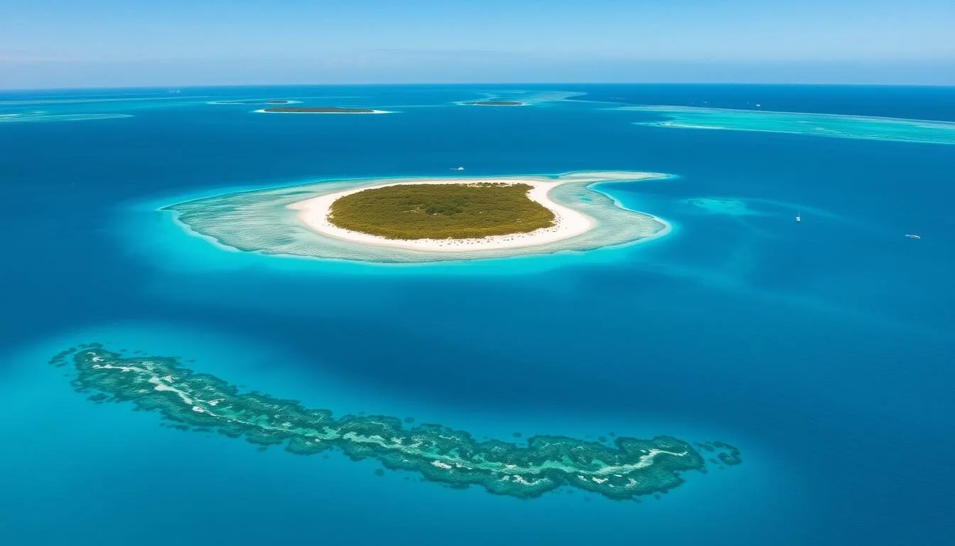 Aerial view of Anegada Island showing its flat coral landscape surrounded by turquoise waters and white sand beaches